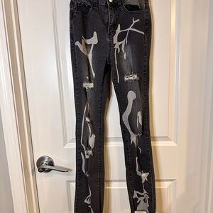 SHEIN Black Skinny Jeans with Gray Paint-Style Accents